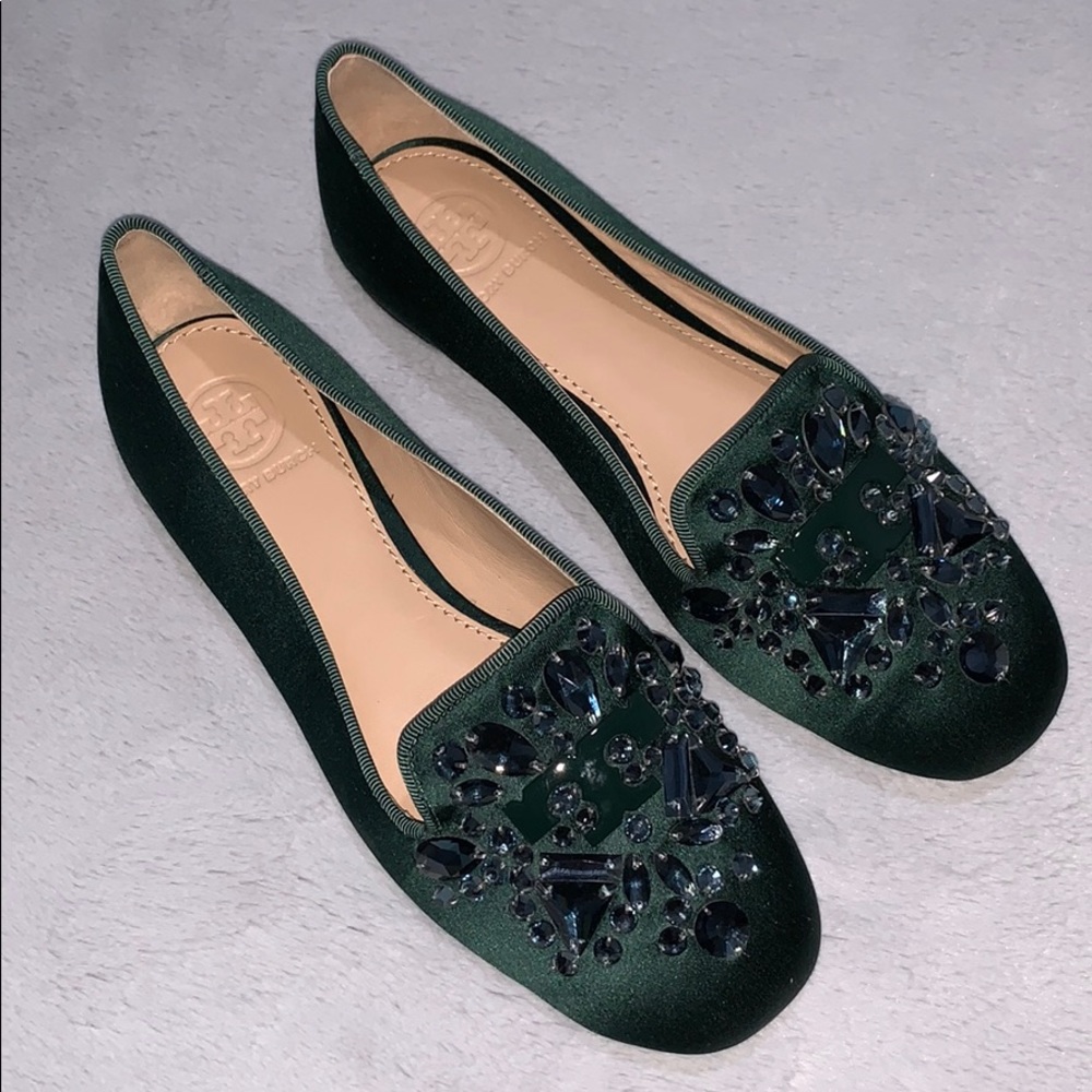 Tory Burch Green Satin Delphine Crystal Flats Sz 5